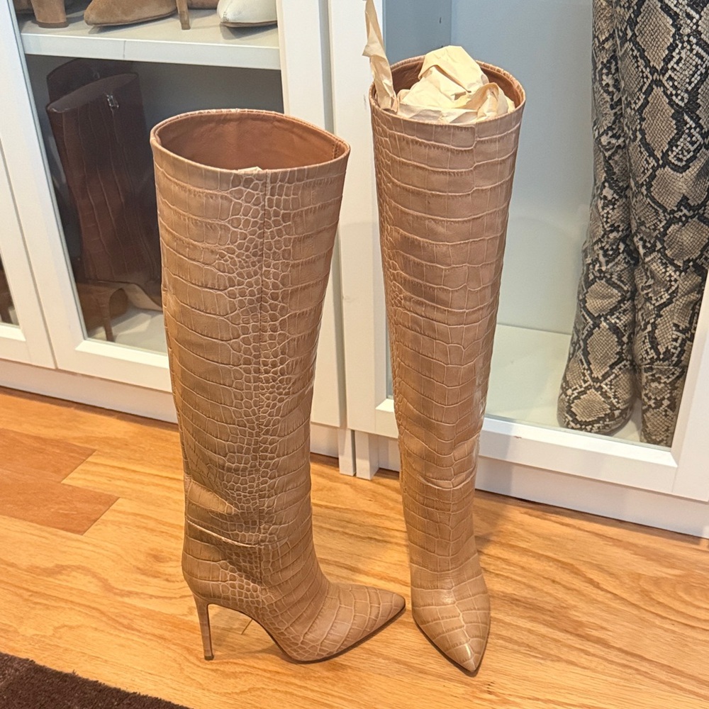 Paris Texas Croc-Embossed Tan Over the Knee Boots - Picture 2 of 4
